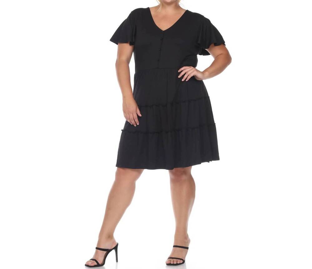 NEW WHITE MARK women's short sleeve v-neck tiered midi dress - plus in black